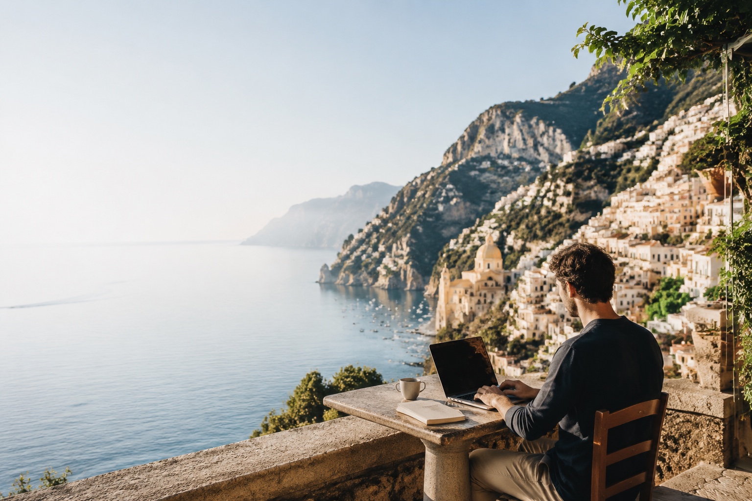 A remote worker using a laptop on a terrace overlooking a Mediterranean coastal town